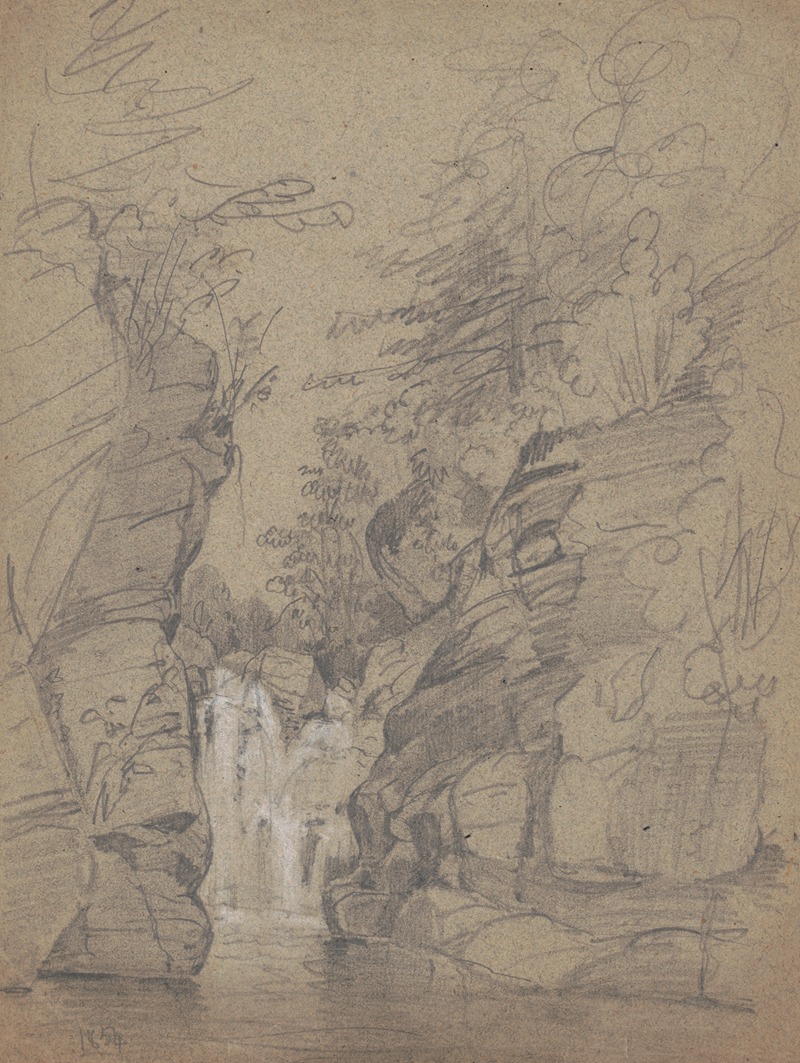 Sketch of cascade visible between two bluffs by Джеймс Фуллер Куин, 1854 — digital art print download