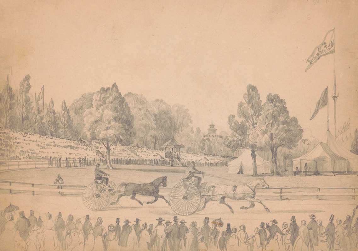 Two harness racing horses pulling their sulkies on race course by Джеймс Фуллер Куин, 1856 — digital art print download