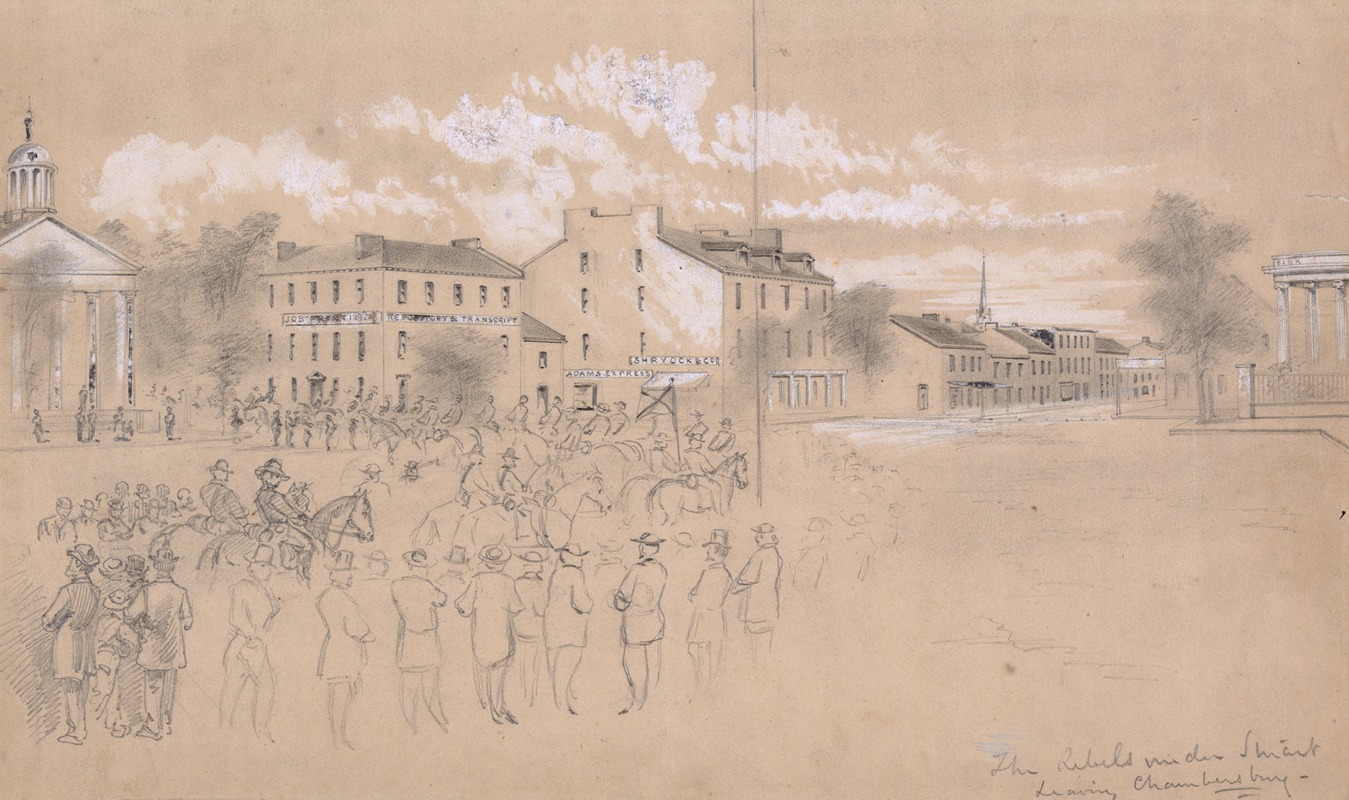 The rebels under Stuart leaving Chambersburg by John R. Chapin, 1864 — digital art print download