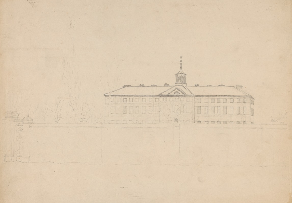 Large building with a cupola behind a high wall by Джон Рубенс Смит, 1809-1844 — digital art print download