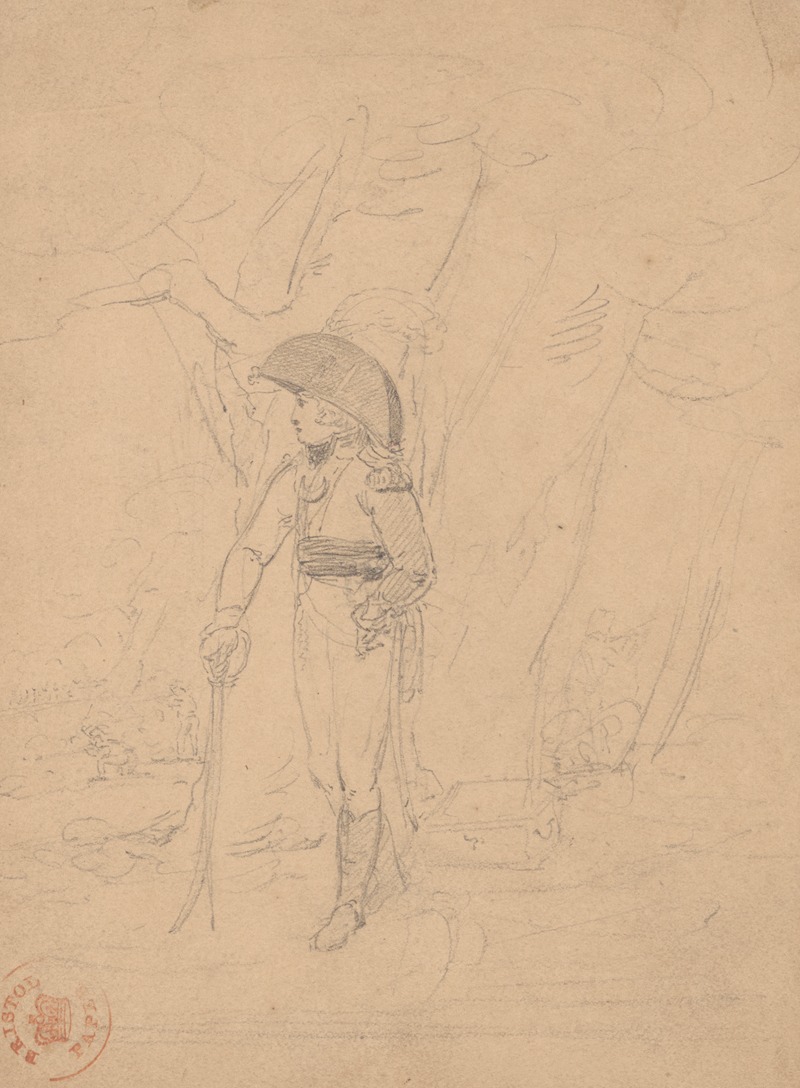 Napoleonic officer standing beside tree and chest — John Rubens Smith