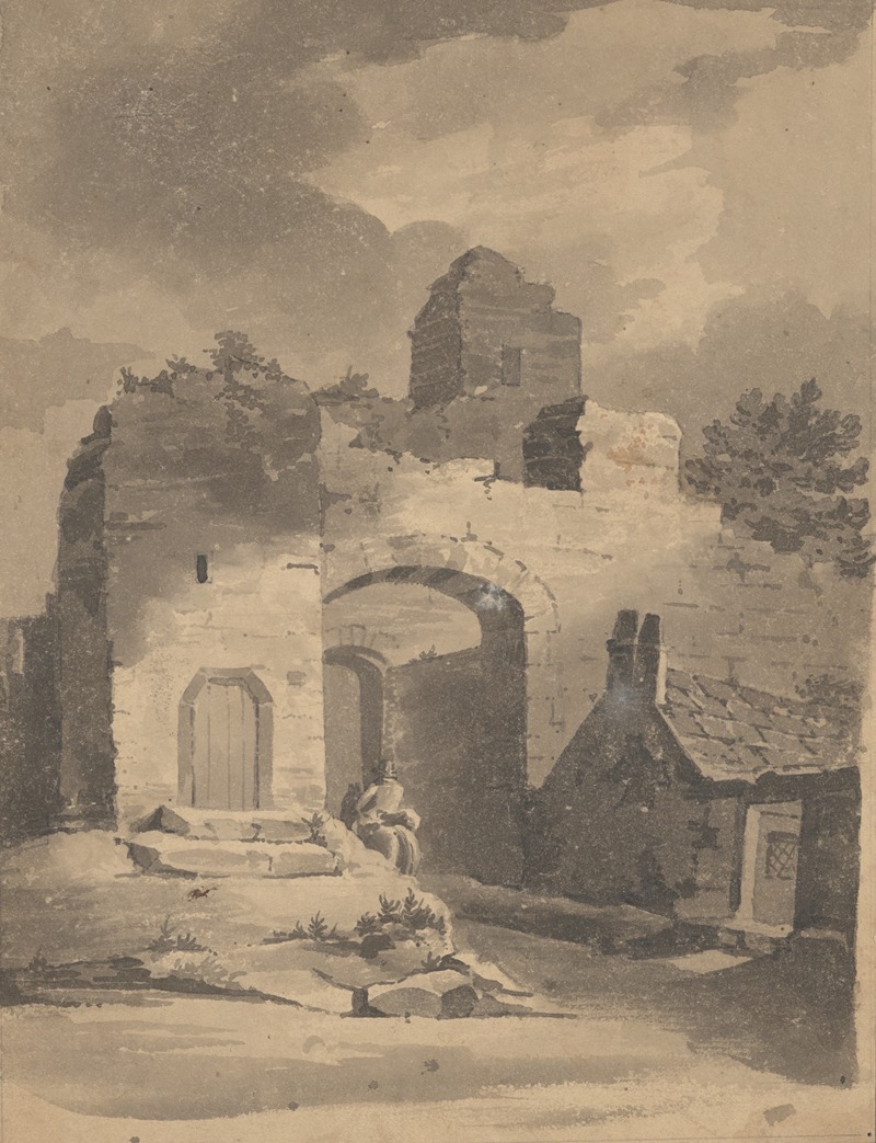 Ruined stone house with seated figure — John Rubens Smith