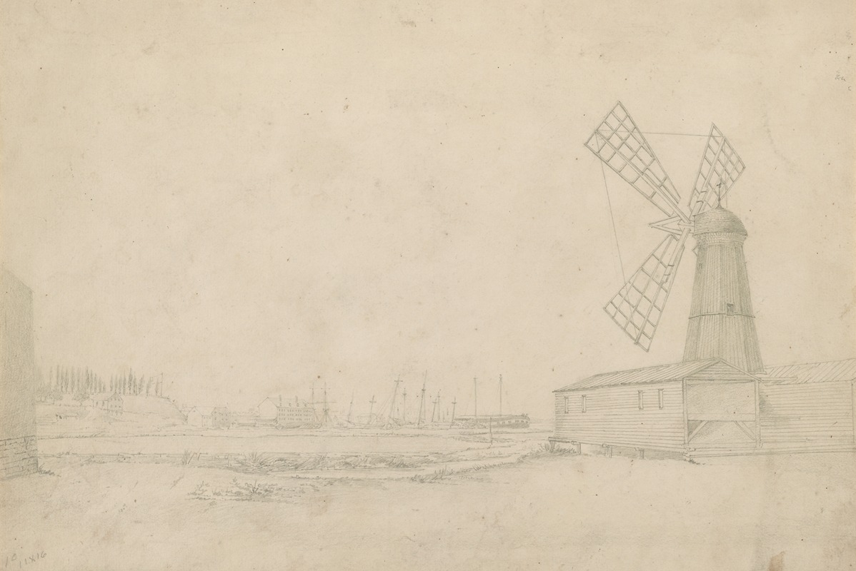 Scene with windmill on right, Brooklyn Navy Yard to left — John Rubens Smith