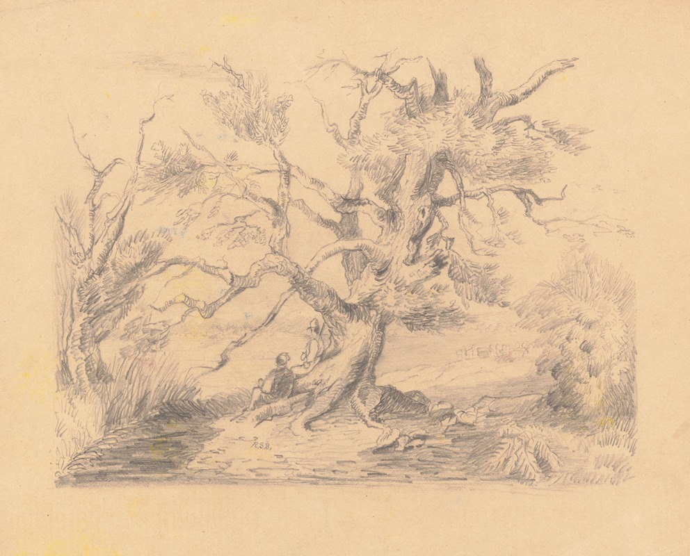 Landscape with two men sitting at base of tree — Richard Sanger Smith