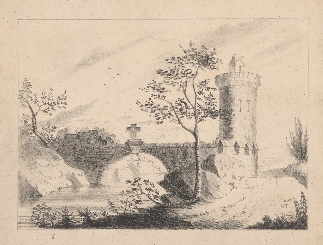 Rural bridge with cross and tower by Richard Sanger Smith, 1837 — digital art print download