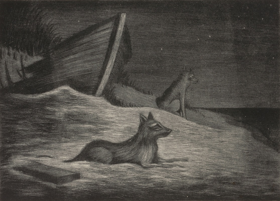 Night Scene of Shoreline with Two Wolves — Anonymous
