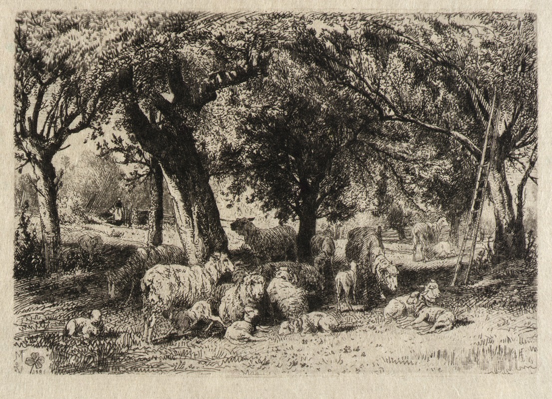 Sheep in an Orchard by Питер Моран, 1884 — digital art print download