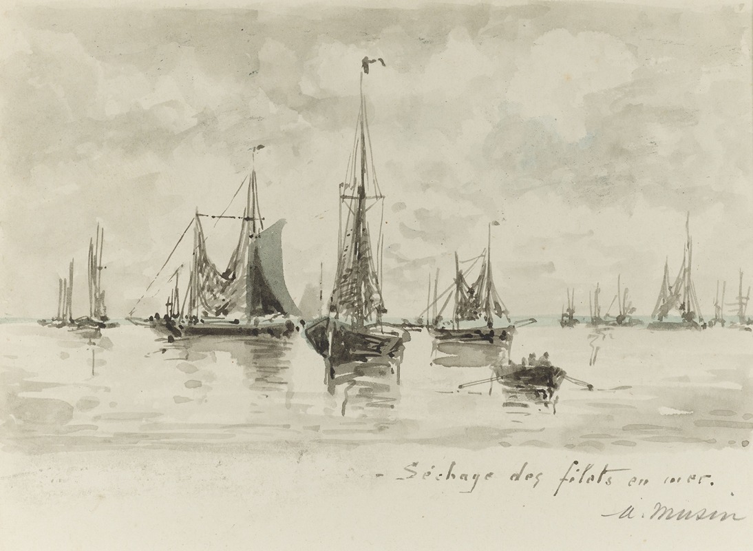Vissersboten. Het drogen van de netten op zee — Auguste Musin