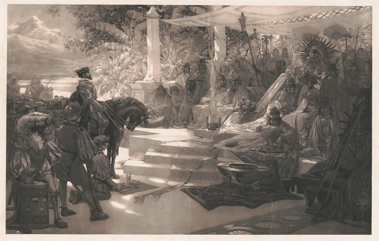 Montezuma receiving Ferdinand Cortez by Lalau, 1907 — digital art print download