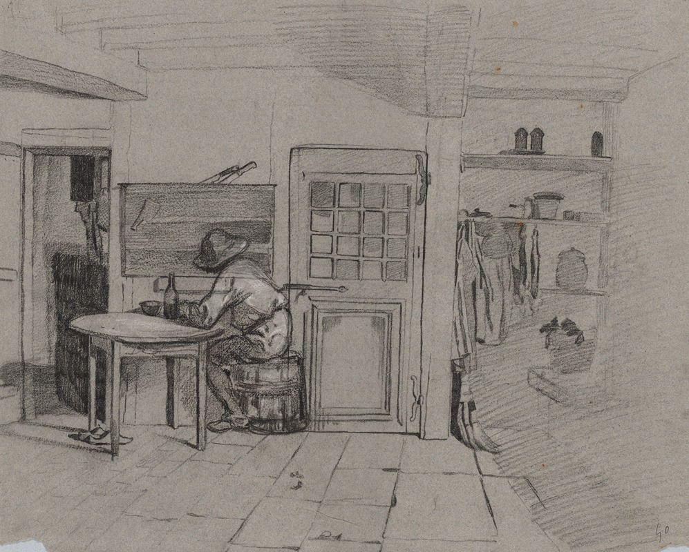 A Farmhouse Interior with a Boy at a Table by Александр-Габриэль Декамп, c. 1846 — digital art print download