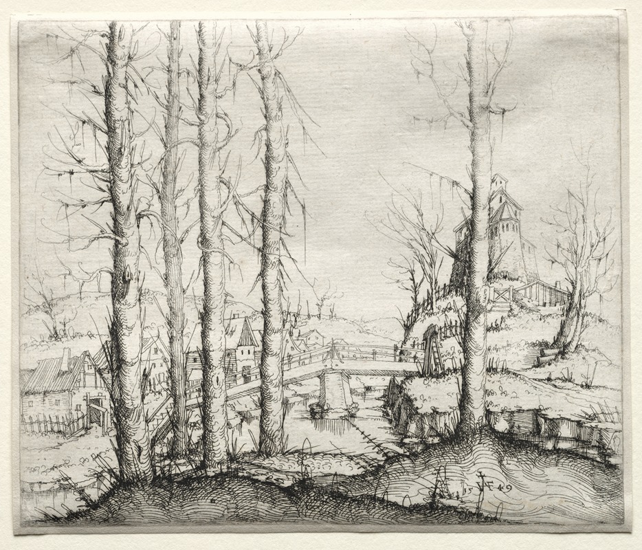 River Landscape with Five Bare Spruce Trees in the Foreground by Augustin Hirschvogel, 1549 — digital art print download