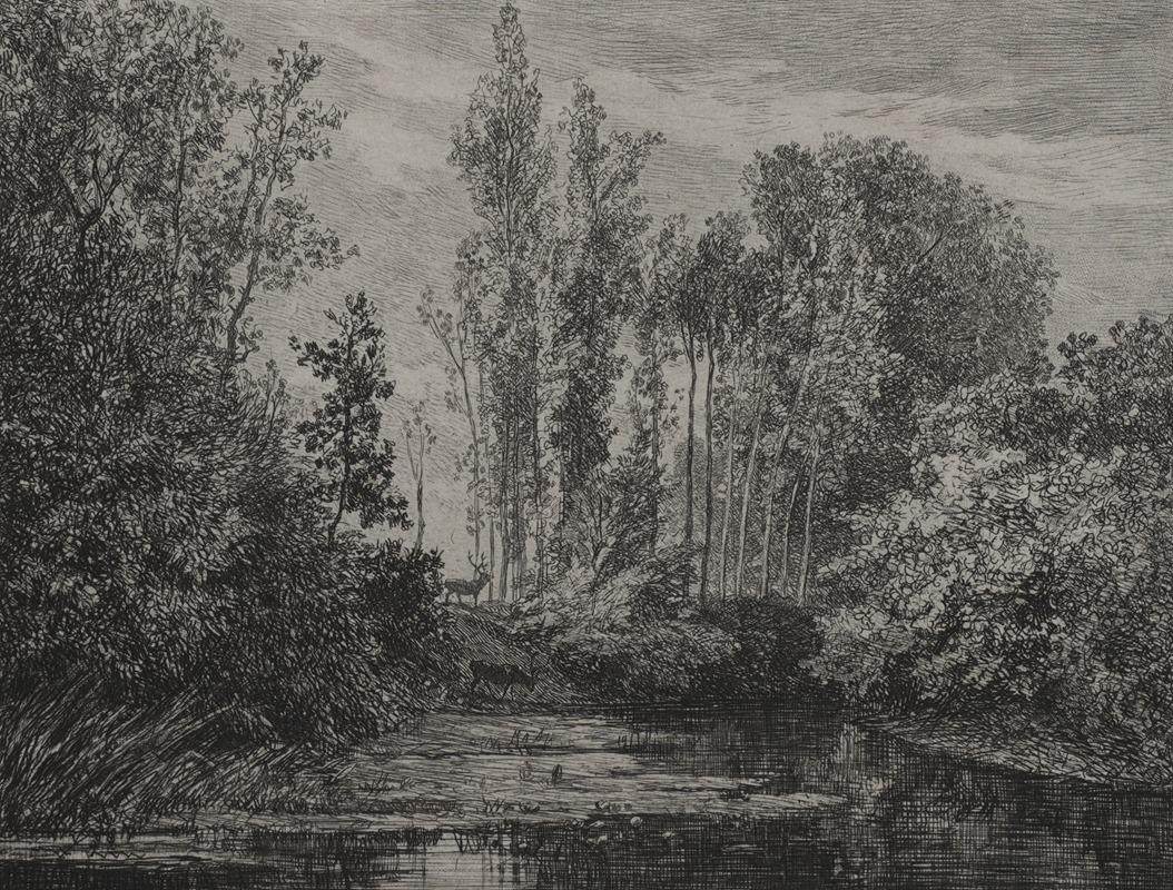 Stags at the water's edge by Шарль Франсуа Дюбини, 1850 — digital art print download