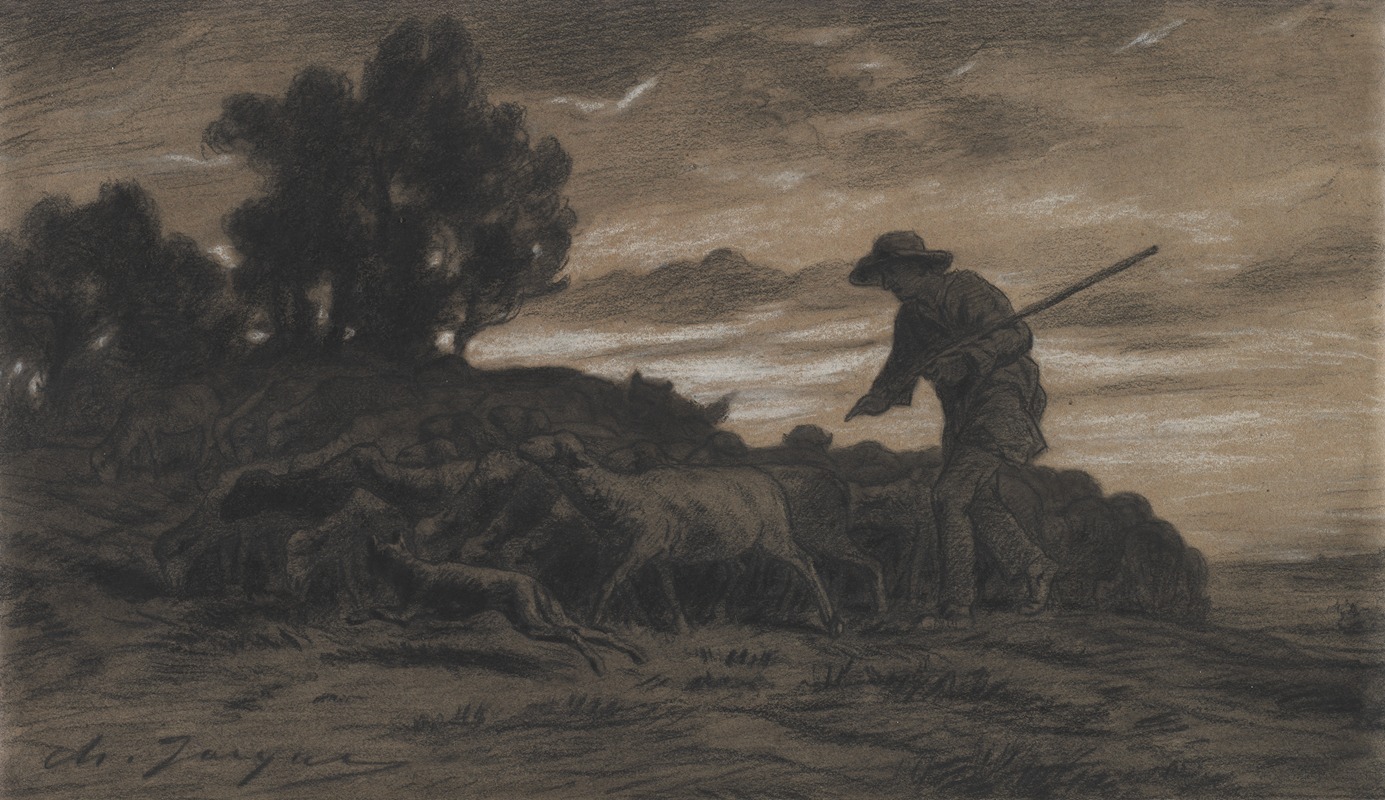 A Shepherd with His Flock by Charles Emile Jacque — digital art print download