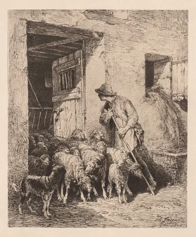 The Herd Exits by Charles Emile Jacque, 1876 — digital art print download