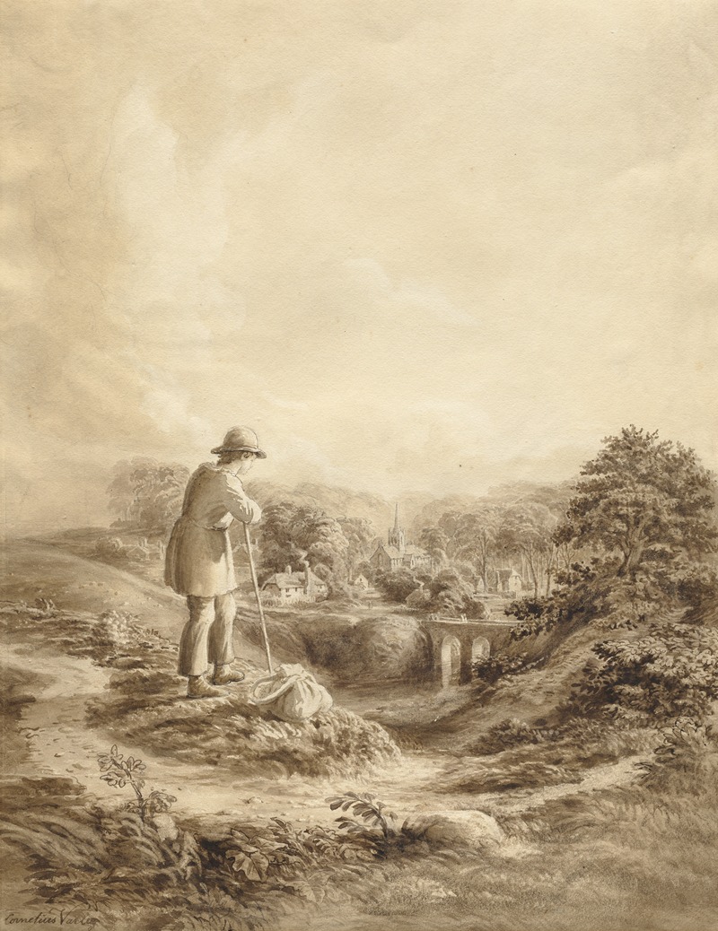 Landscape with Figure in Foreground by Корнелиус Варли, c. 1840 — digital art print download