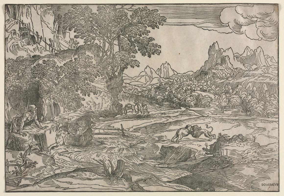 Landscape with Saint Jerome and Two Lions by Domenico Campagnola — digital art print download