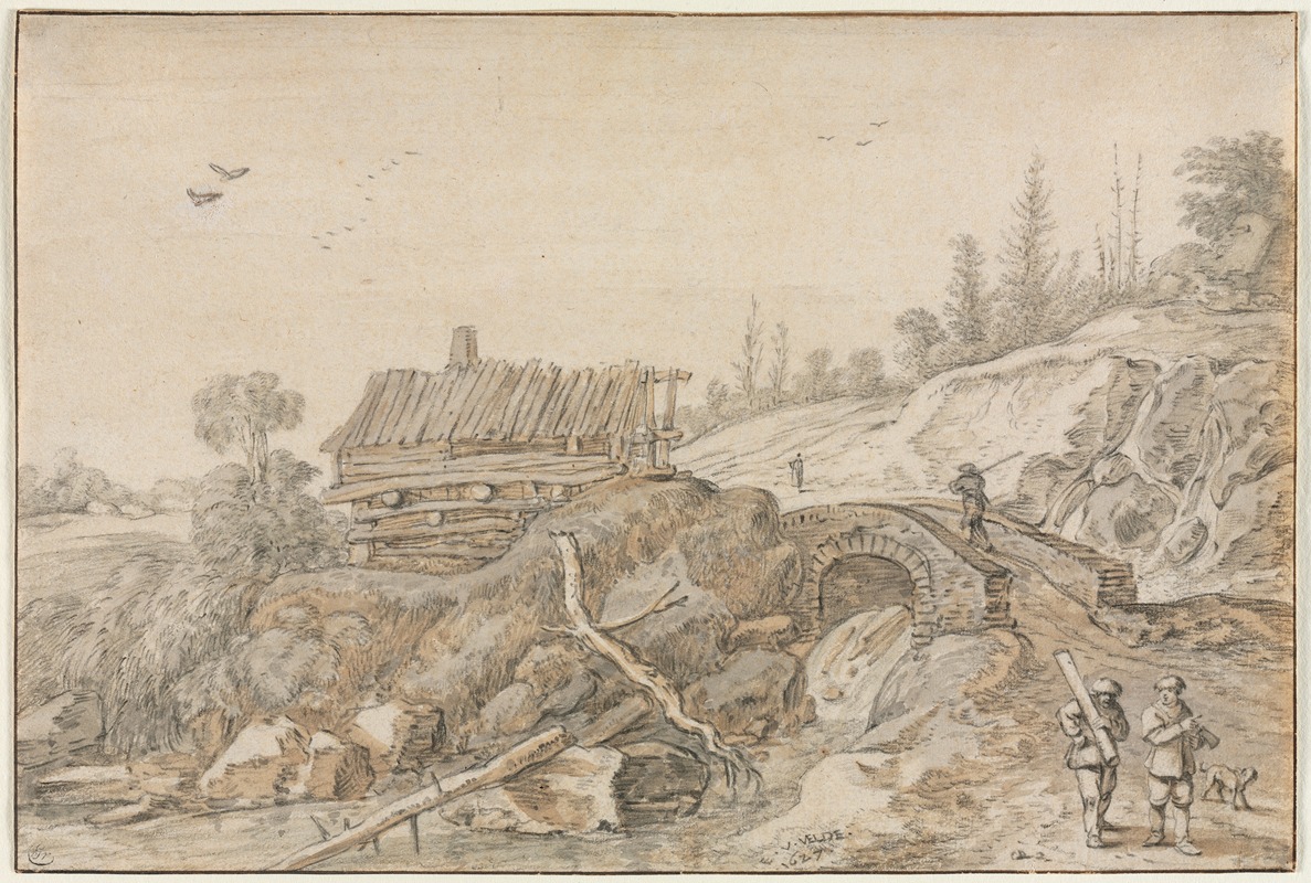Hilly Landscape with Hut Beside a Stream by Эсайас ван де Вельде, 1627 — digital art print download