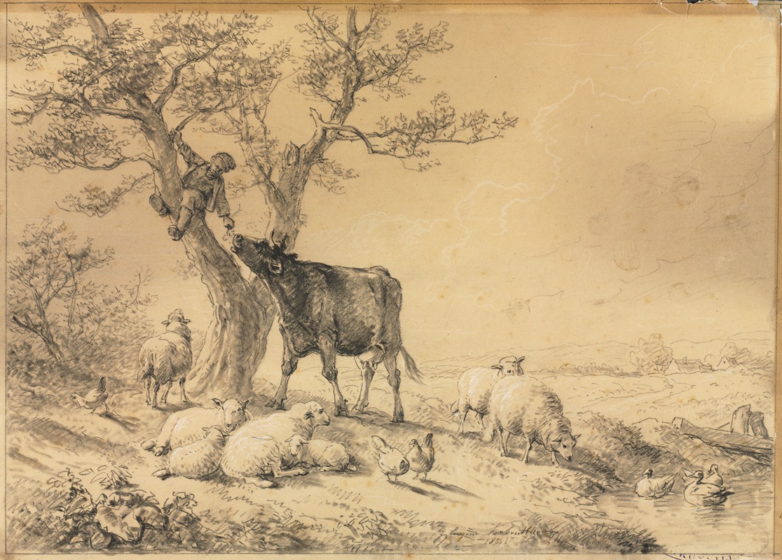 Landscape with Animals and Boy in Tree by Южен Жозеф Вербокховен, 1866 — digital art print download