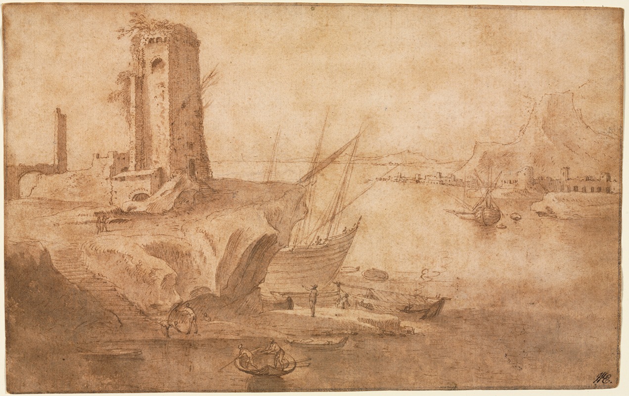 Landscape with Tower at Seashore by Filippo Napoletano, 1600–1614 — digital art print download