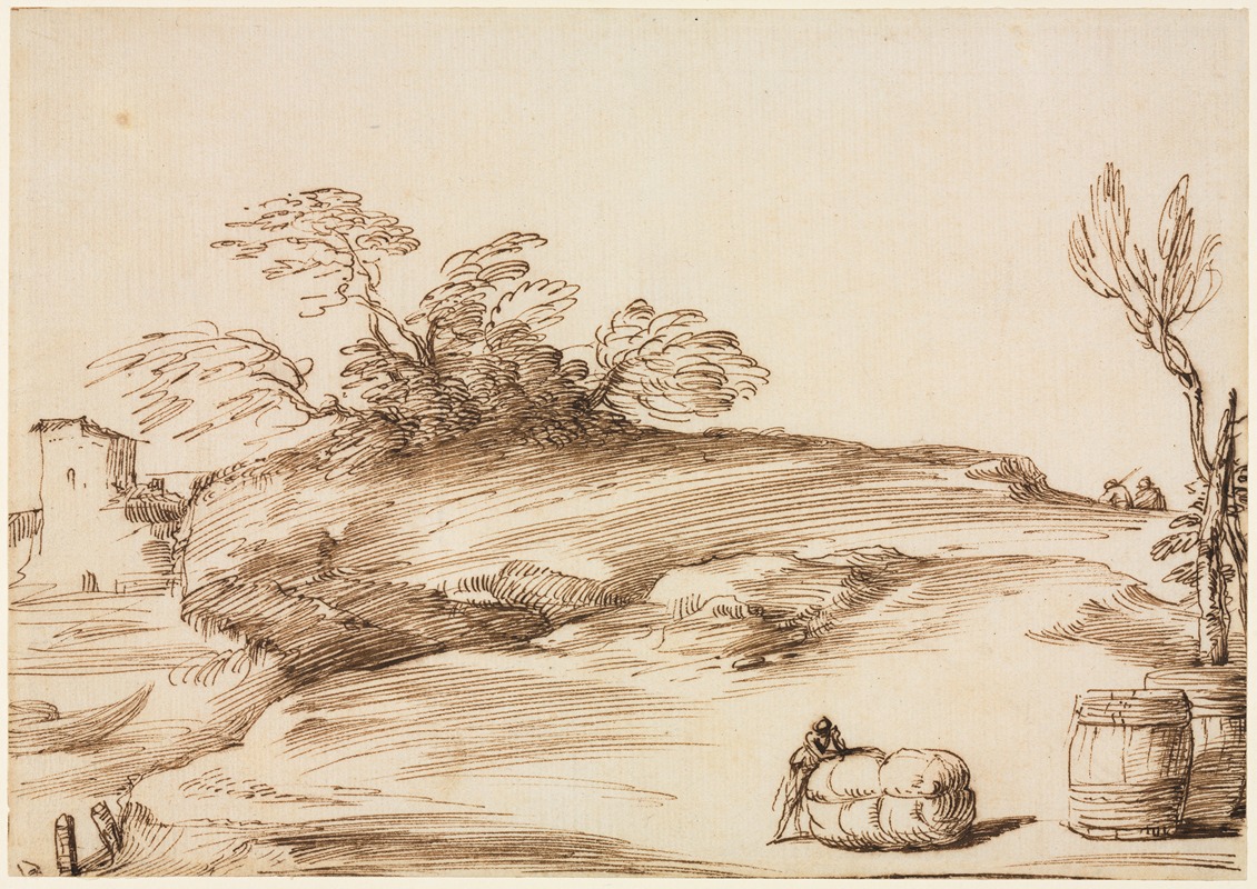 Landscape with a Man Leaning on a Bale by Гверчино, c. 1640 — digital art print download