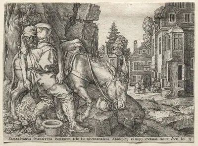 The Parable of the Good Samaritan; The Good Samaritan Putting the Traveler on His Donkey by Heinrich Aldegrever, 1554 —…