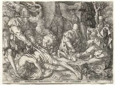 The Parable of the Good Samaritan; The Robbers Attacking the Travelers by Heinrich Aldegrever, 1554 — digital art print…