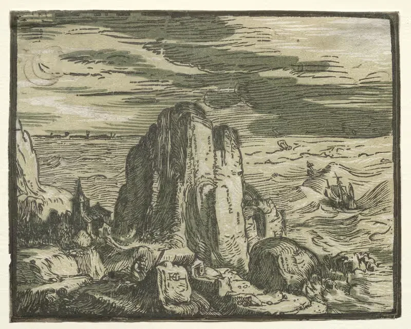 Cliff on the Seashore by Hendrick Goltzius, c. 1600 — digital art print download