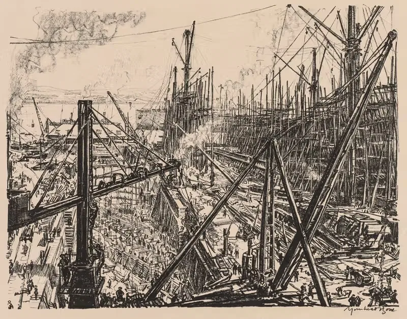 На Клайде, 1917-1918; Реконструкция верфи на Клайде by Мюрхед Бон, 1917–1918 — digital art print download