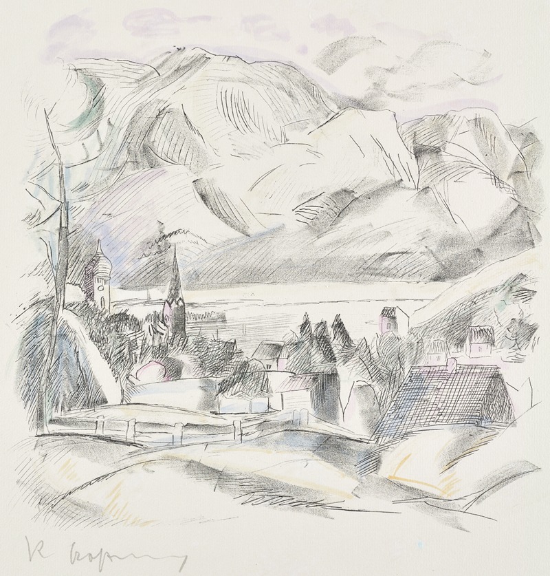 Landschaft mit Dorf am See vor Gebirge — Rudolf Grossmann