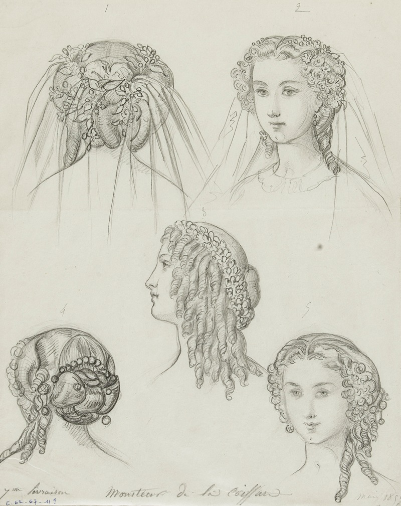 Ensemble de 5 coifures et coiffes by Анаис Колен-Тудуз, 1859 — digital art print download