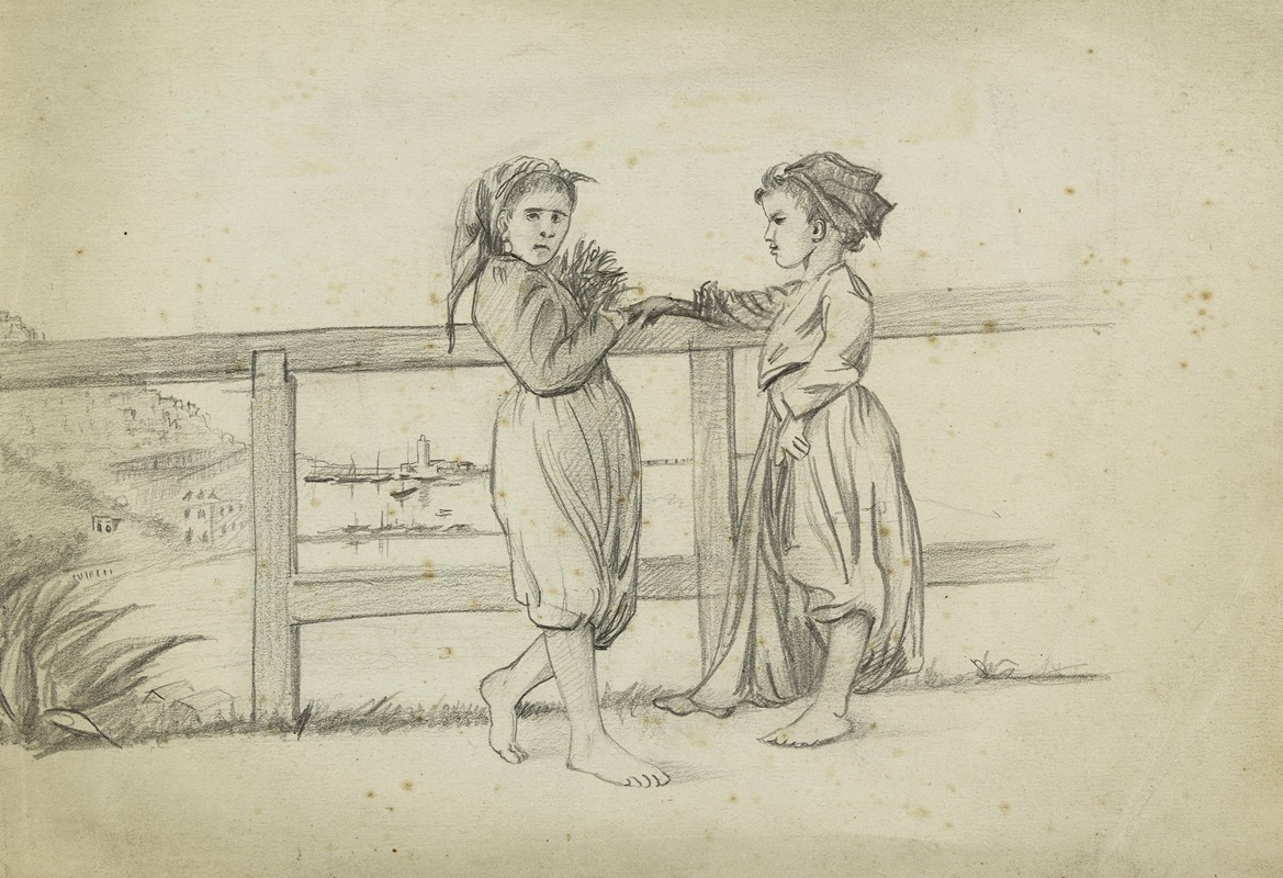 Deux fillettes devant une barrière de bois — Arthur-Joseph Gueniot