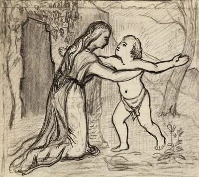 Femme agenouillée devant un enfant, dans un paysage by Артур-Жозеф Генье — digital art print download