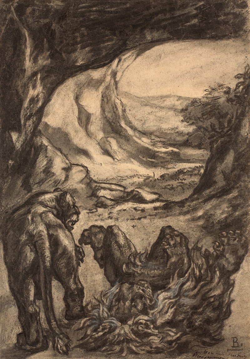 Two lions in a cave by Феликс Браккемонд — digital art print download