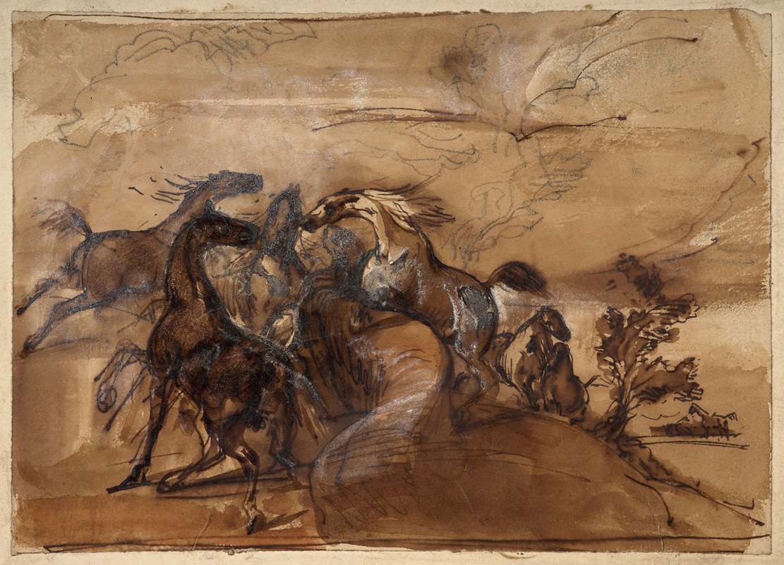 Chevaux en liberté dans un paysage — Horace Vernet