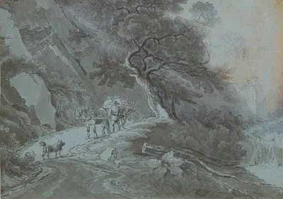 Bauer mit Pferdewagen auf Waldweg im Gewitter by Johann Christian Brand — digital art print download
