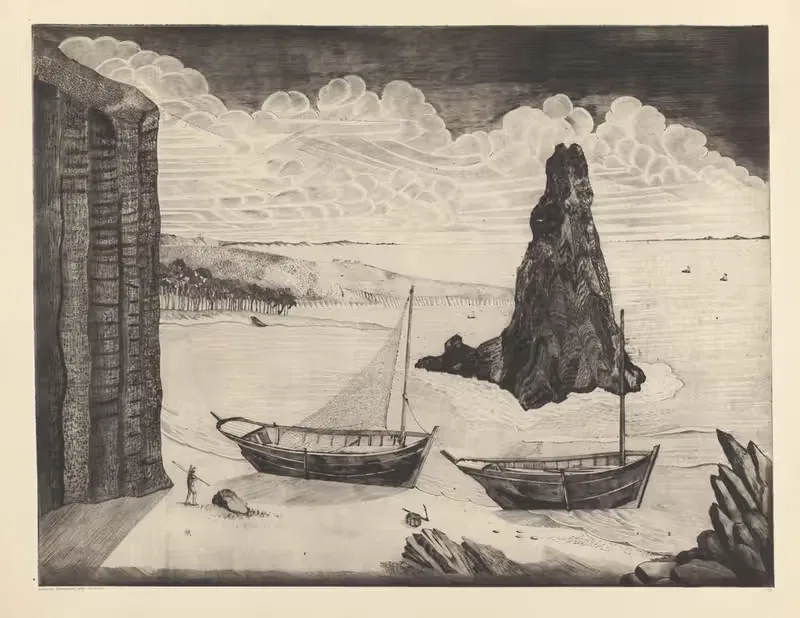 Два пришвартованных судна на пляже by Лодевийк Шельфхаут, 1929 — digital art print download