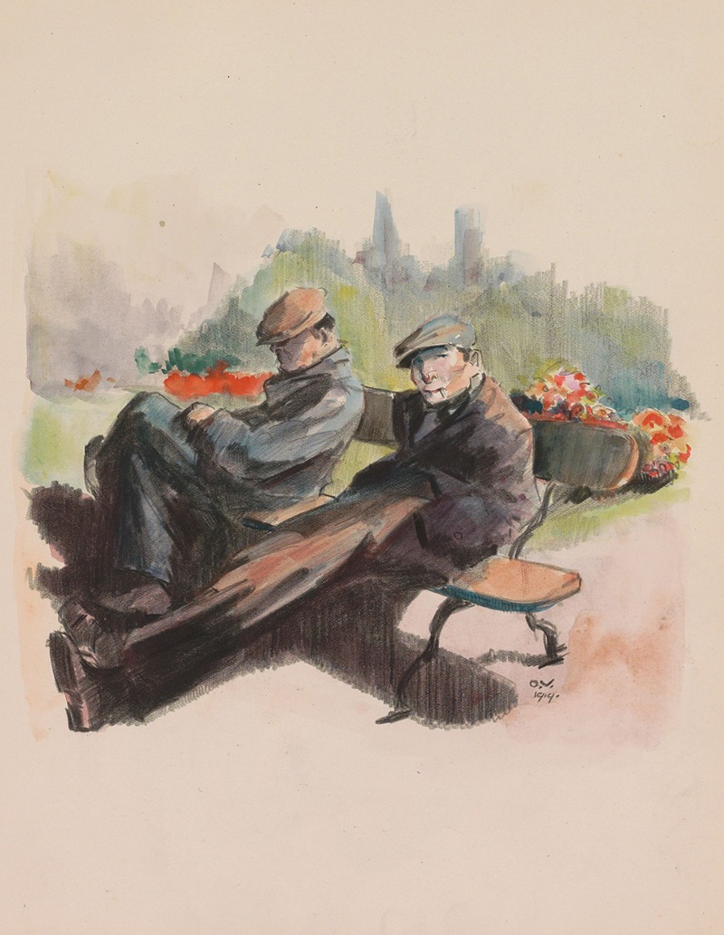 Two men sitting on a bench in a park by Otto Verhagen, 1919 — digital art print download