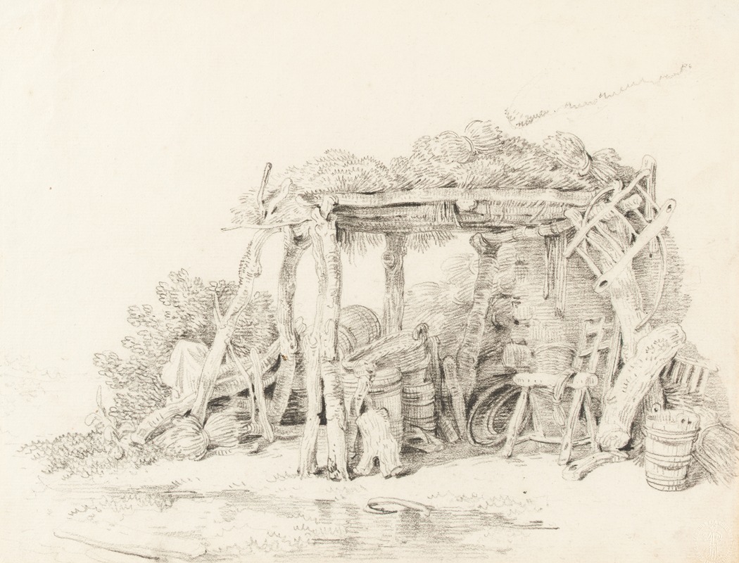 Vue d'un abri avec les outils d'une ferme — Sigmund Freudenberger