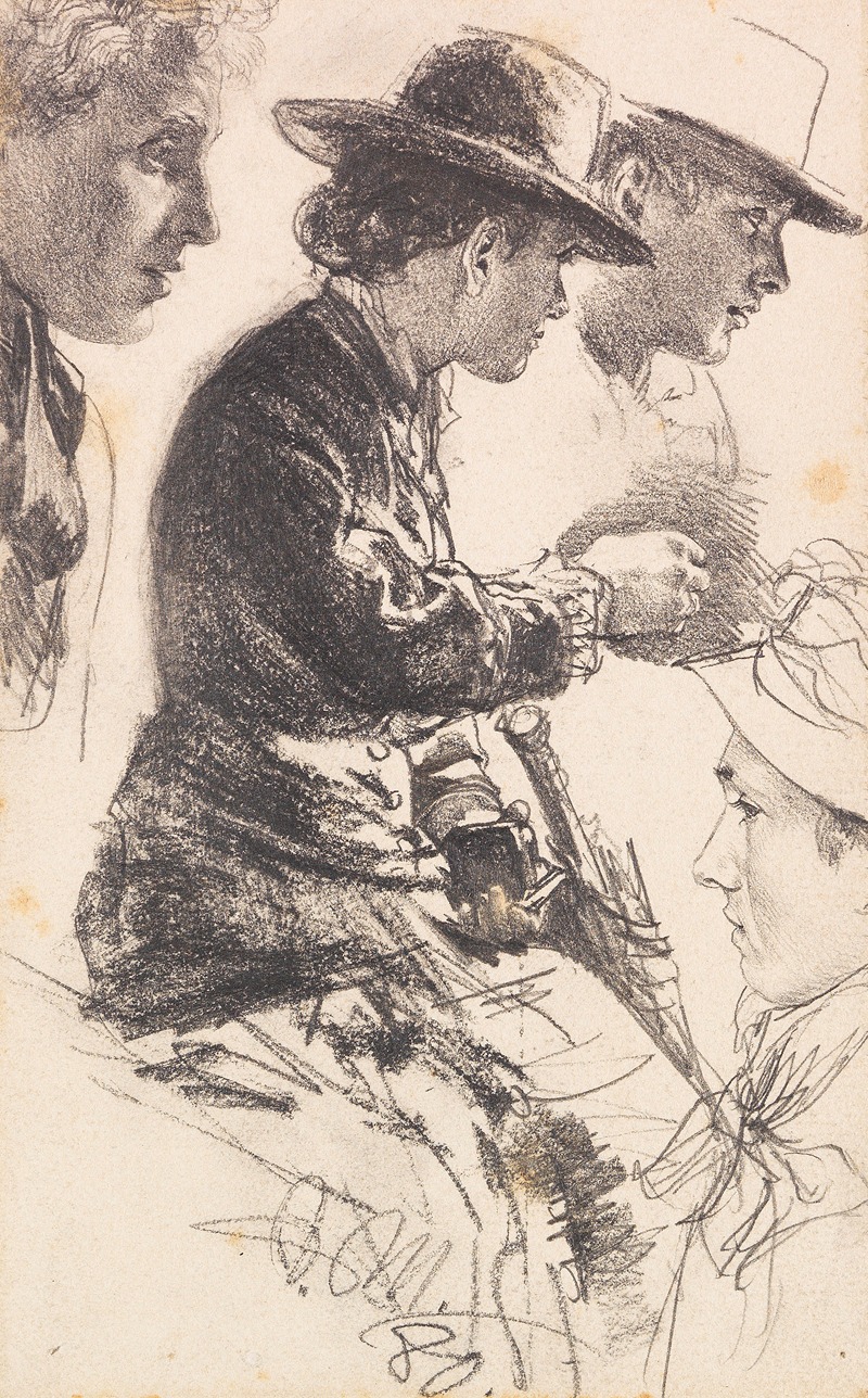 Studie einer sitzenden Dame mit Hut, Schirm und Geldbörse — Adolph von Menzel