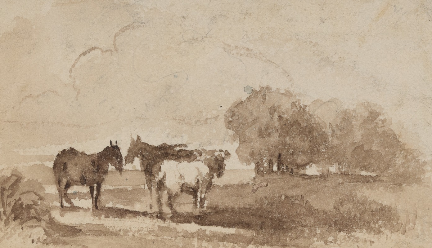 Landscape with three horses by Феликс Октавиус Карр Дарли — digital art print download