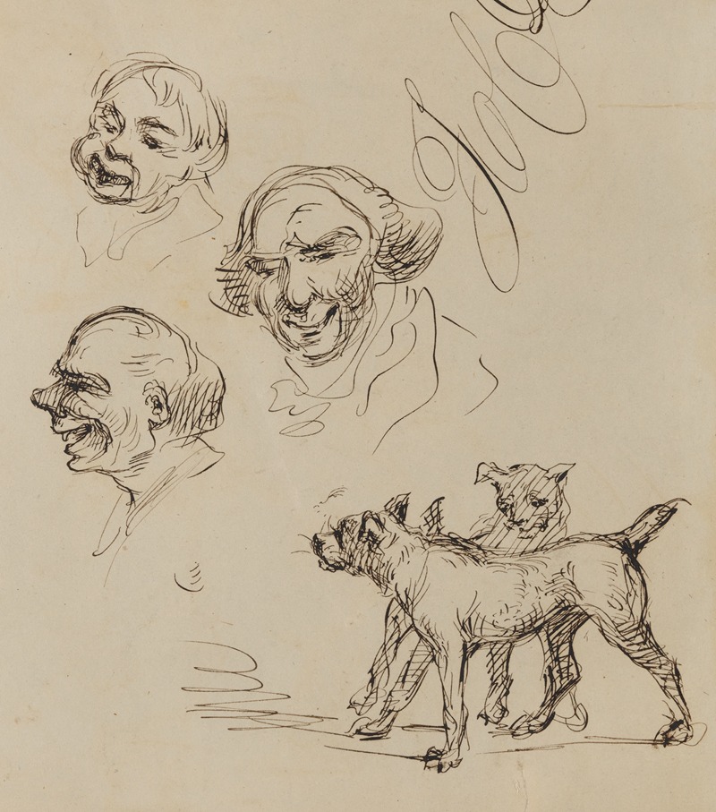 Three male heads and two dogs — Felix Octavius Carr Darley