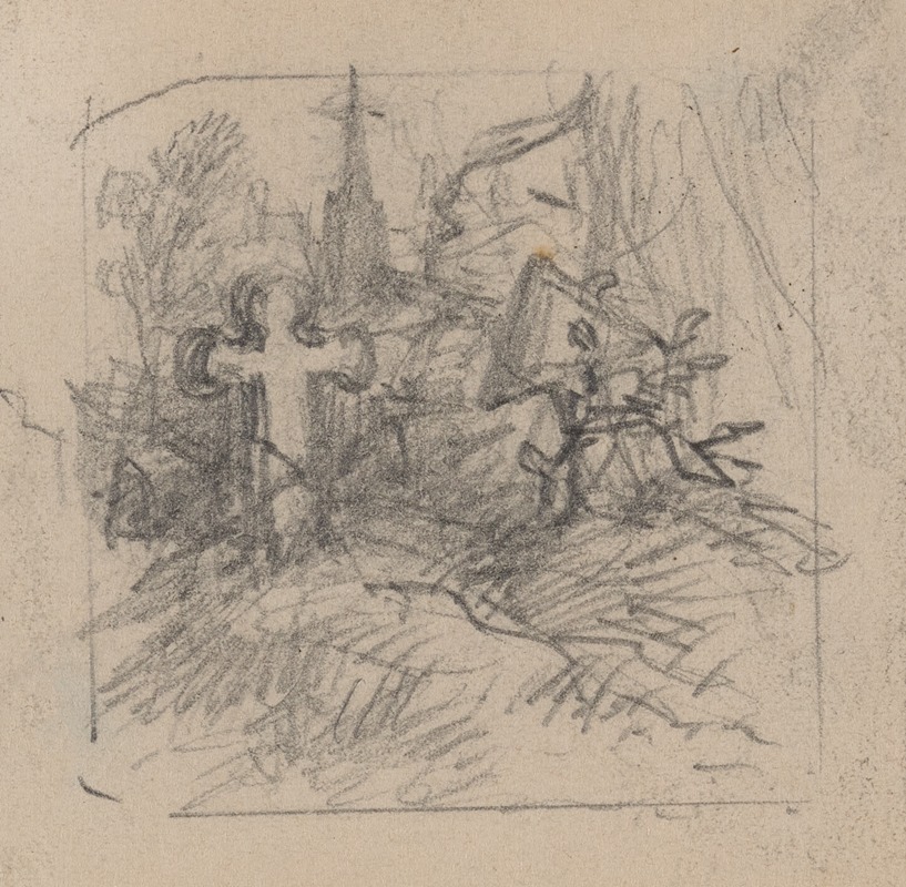 Two graves and church between trees in background by Феликс Октавиус Карр Дарли — digital art print download