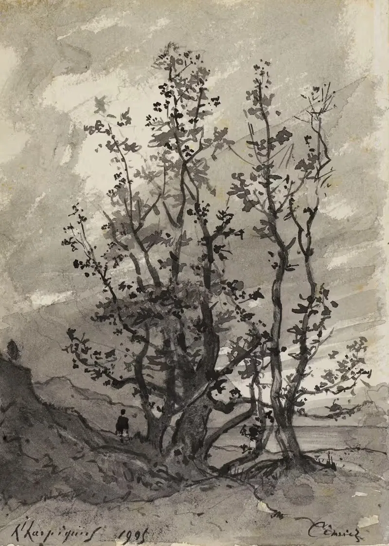 Groupe d'arbres avec un personnage — Henri-Joseph Harpignies