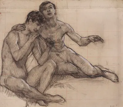 Etude pour le tableau L'Automne Deux hommes nus assis by Maurice Berthon, 1914 — digital art print download