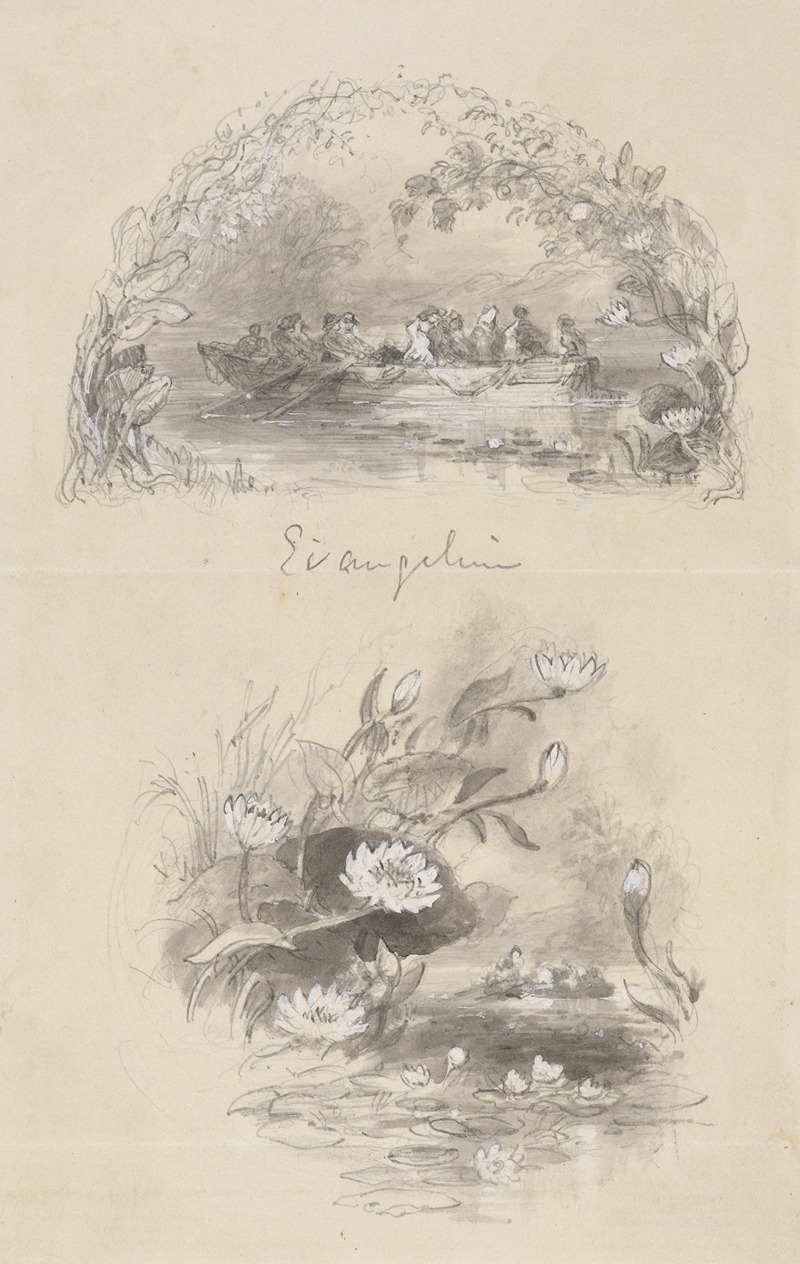 People in rowboat and waterlilies — Myles Birket Foster