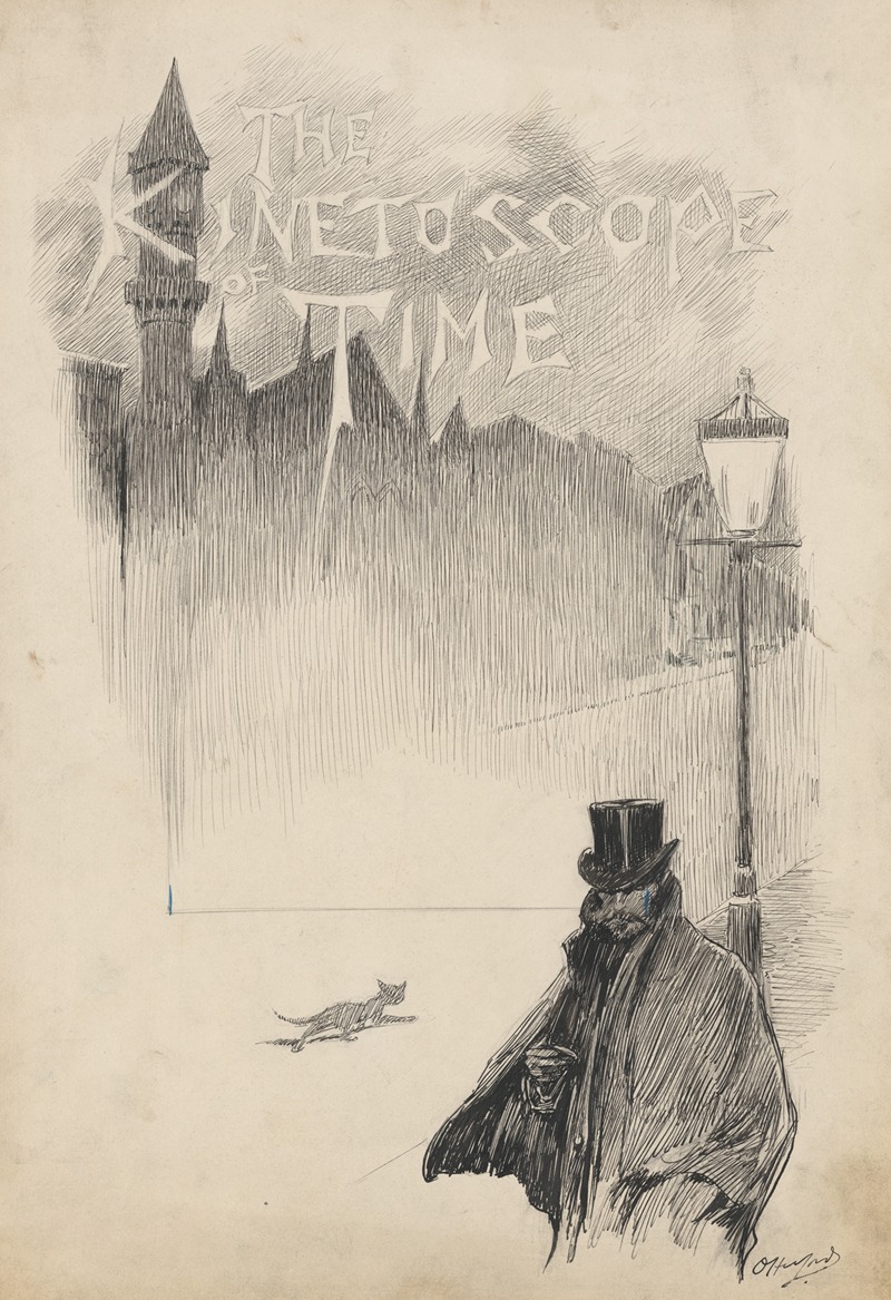 Man in top hat under lamppost with townscape in background — Oliver Herford