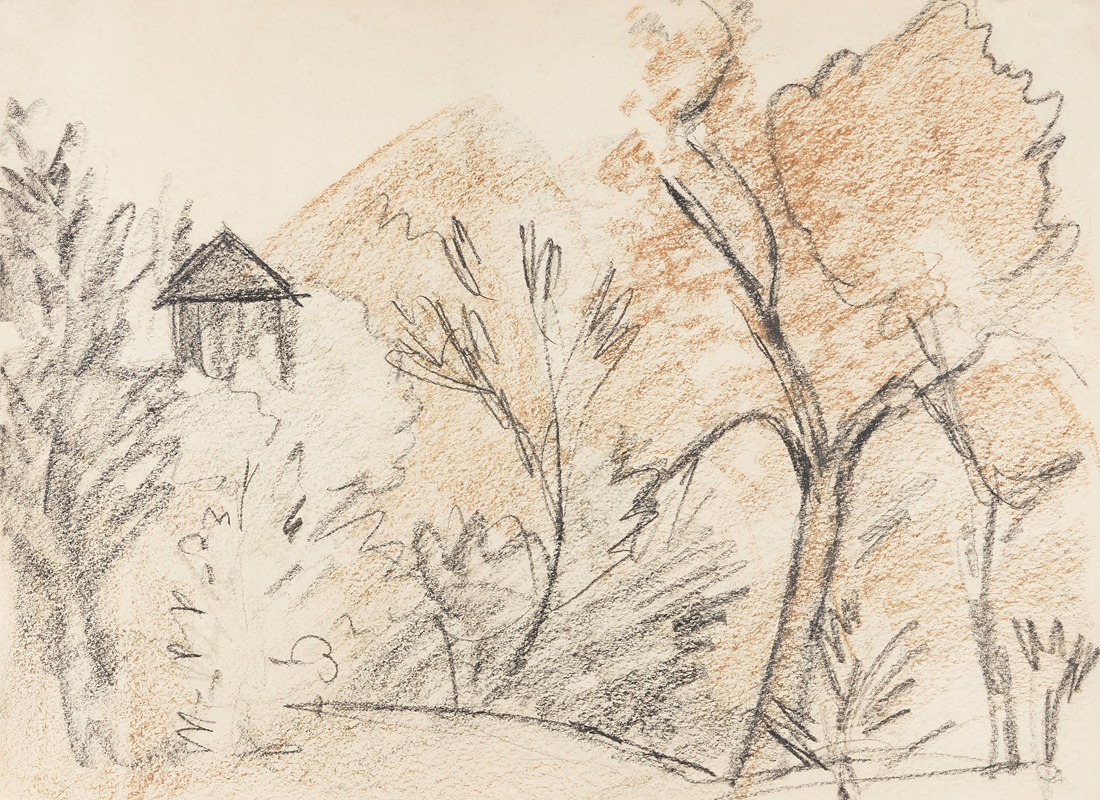 Bergige Landschaft mit kleinem Haus — Otto Mueller