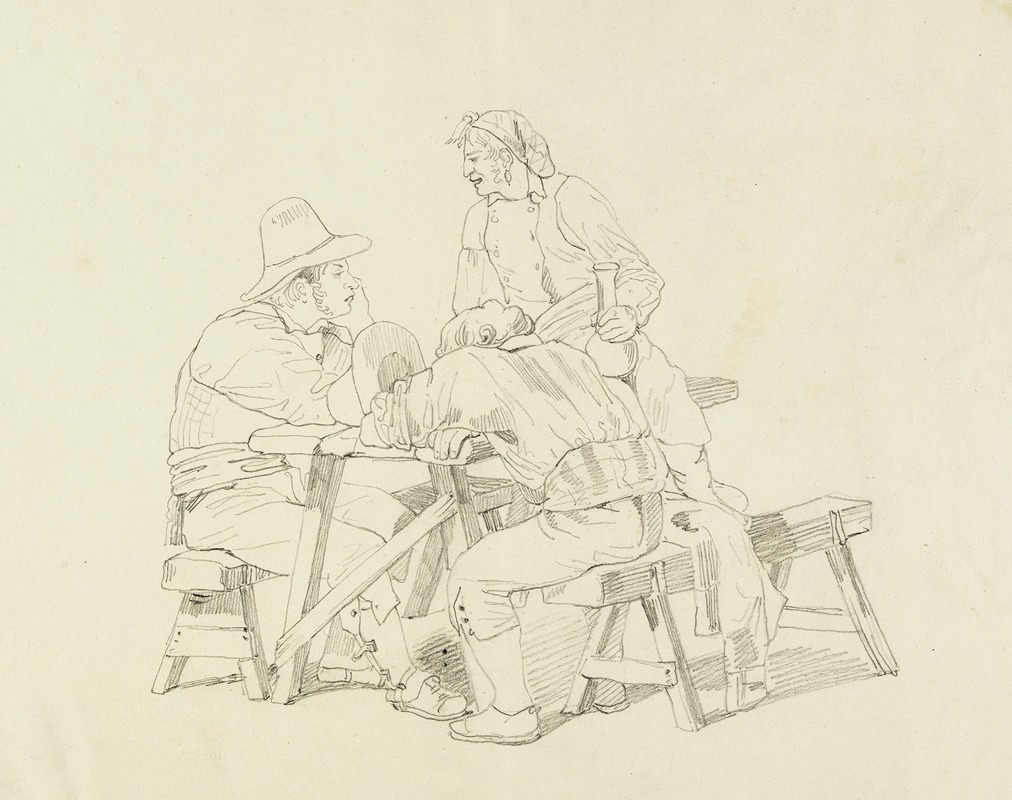 Trois hommes assis à une table by René Marjolin — digital art print download