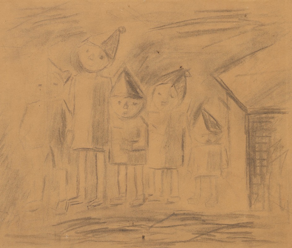 Pięcioro dzieci stojących rzędem — Tadeusz Makowski