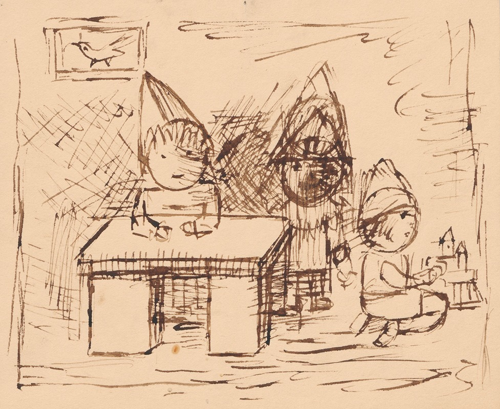 Three children in a cottage room — Тадеуш Маковский